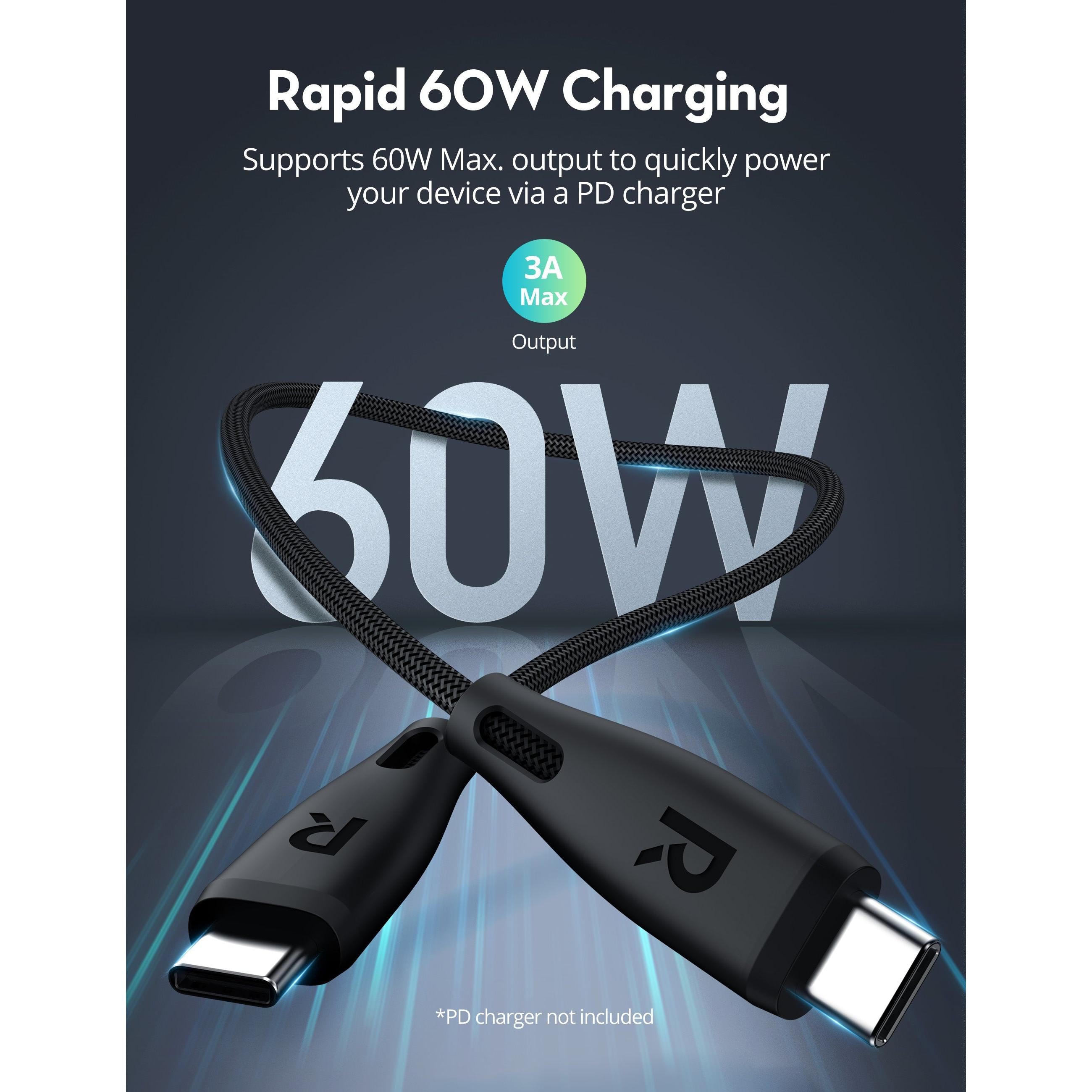 Ravpower Rp-Cb1037 60W C-C 1.2M Usb2.0 3A Cable Black