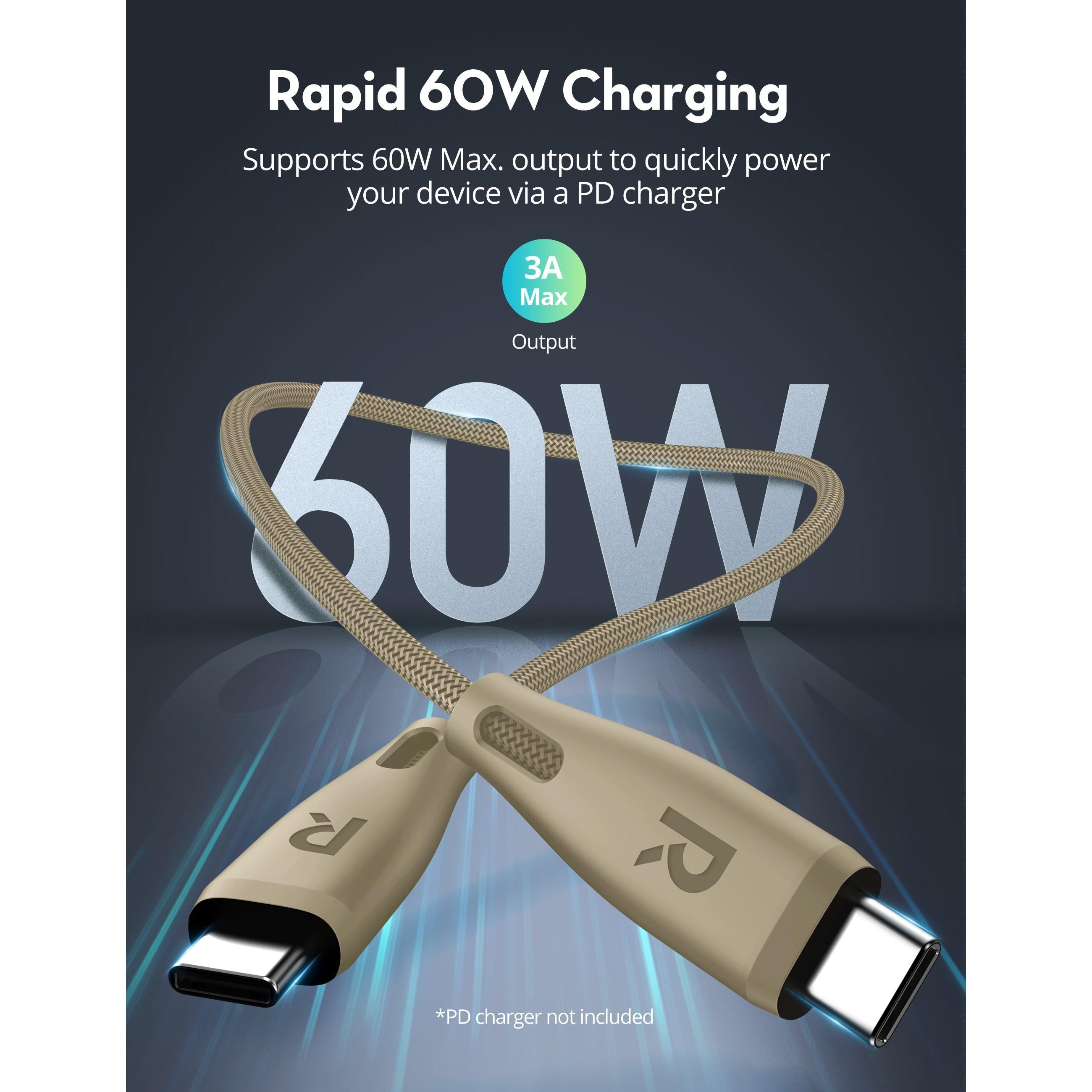 Ravpower Rp-Cb1037 60W C-C 1.2M Usb2.0 3A Cable Gold