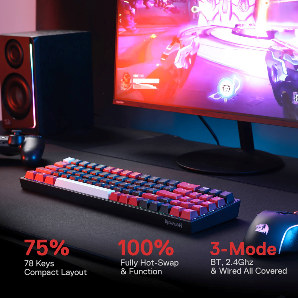 Redragon POLLUX Pro K628 RGB Swappable Wireless Mechanical Gaming Keyboard, Red Switch, – Black