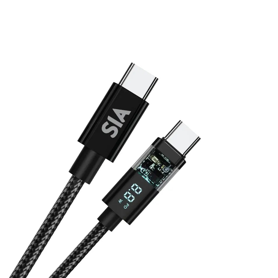 SIA BRAIDED TYPE-C TO TYPE-C CABLE 60W 1.2M TRANSPARENT SHELL WITH DIGITAL DISPLAY