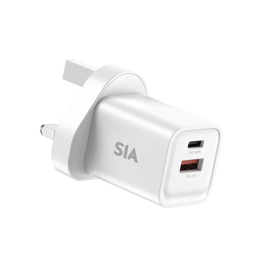 SIA WALL CHARGER GAN PD/PPS/QC 35W DUAL PORTS A+C WHITE UK SIVB35WUKP2-WT