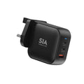 SIA WALL CHARGER GAN PD/PPS/QC 70W 2 TYPE-C PORTS + USB-A PORT BLACK UK SIVB70WUK-BK