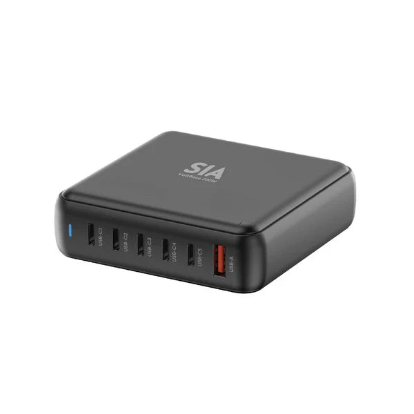 SIA desktop charger GAN PD/PPS/QC 200W WITH 5 TPYE-C PORTS AND 1 USB-A PORT BLACK -UK