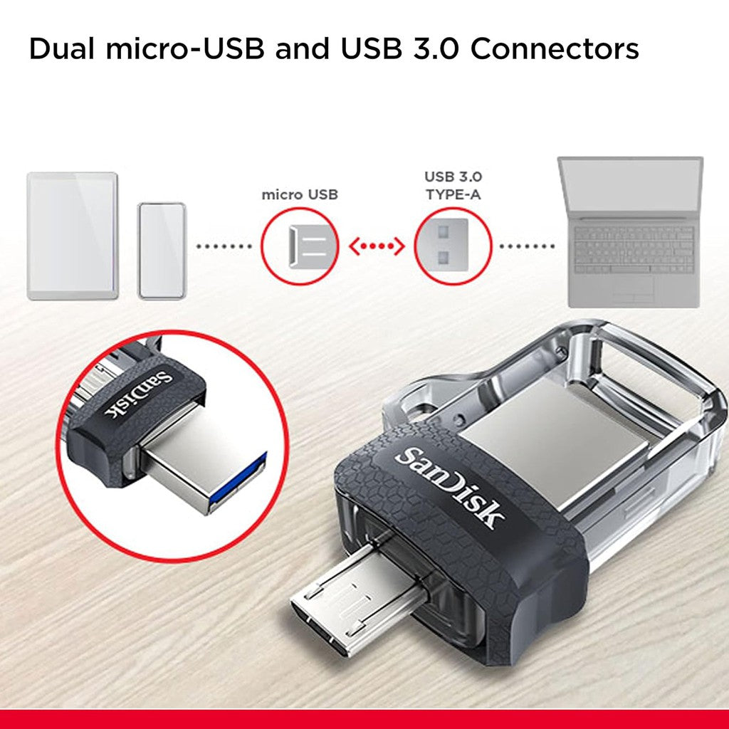SanDisk Ultra Dual Drive m3.0 - 256GB / Up to 130 MB/s / USB 3.0 / Micro-USB / Black and Silver