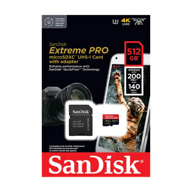 SanDisk 512GB Extreme PRO microSDXC UHS-I CARD with Adapter-Up to 200 MB/s