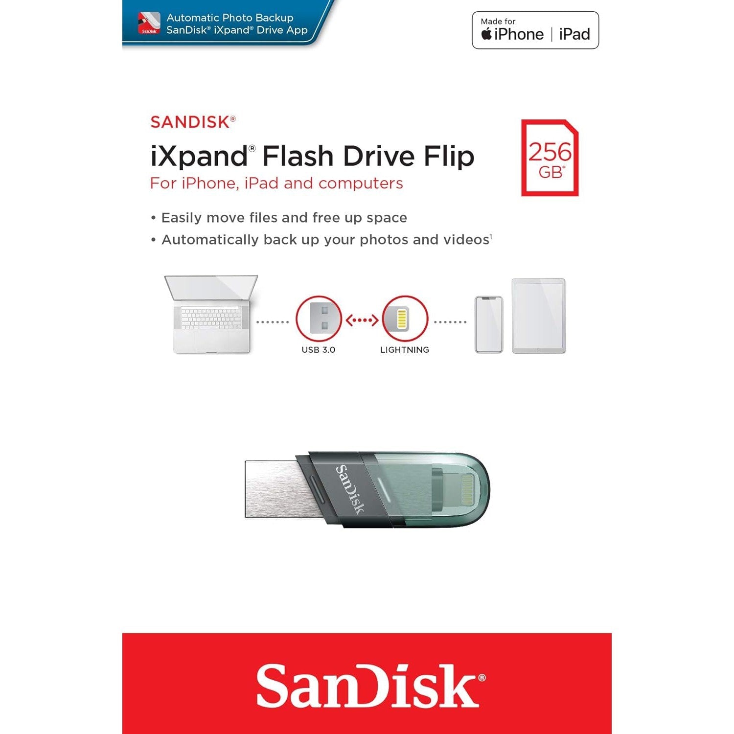 SanDisk iXpand Flash Drive Flip - 256GB / USB 3.1 Gen 1 / Lightning / Black and Silver