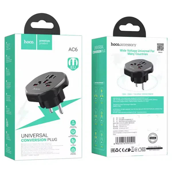 Hoco AC6 Unimpeded universal conversion plug(EU) - Black
