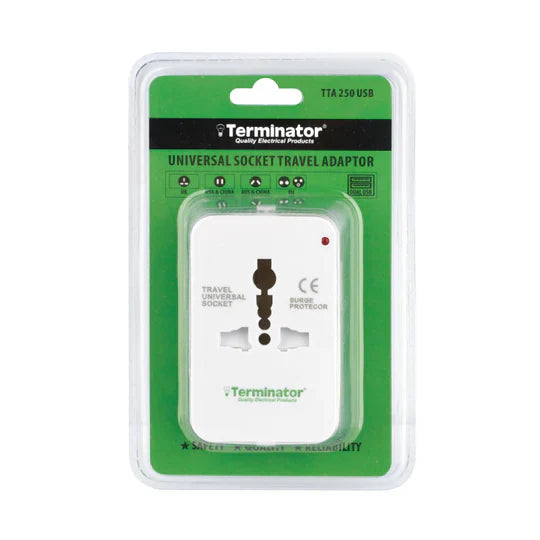 TERMINATOR MULTI PIN TRAVEL ADAPTER WITH UNIVERSAL SOCKET & 2 USB