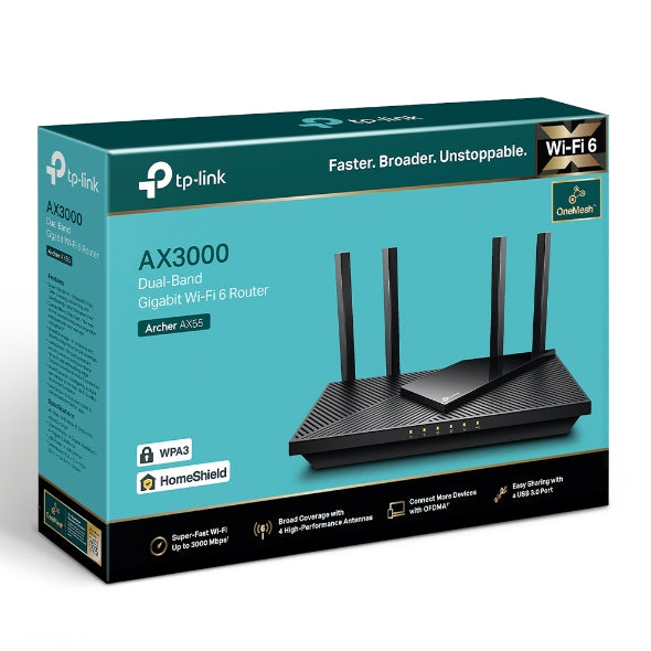 TP-Link (Archer AX55) AX3000 Dual Band Gigabit Wi-Fi 6 Router - 5 GHz(2402 Mbps) / USB 3.0 / Gigabit WAN / Gigabit LAN