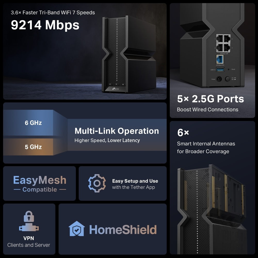 TP-Link Archer BE550 BE9300 Tri-Band Wi-Fi 7 Router, 2.5G