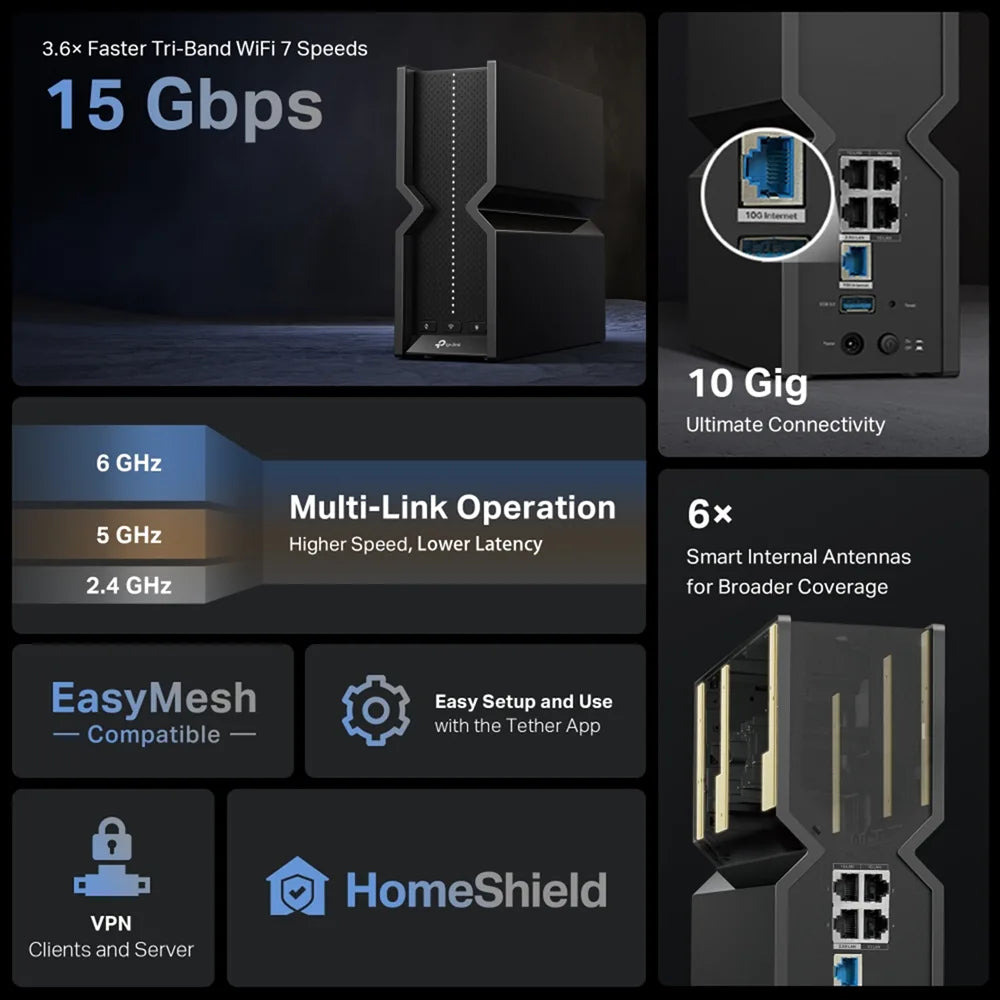 TP-Link Archer BE700 BE15000 Tri-Band WiFi 7 Router, 2.5Gbps / 10Gbps