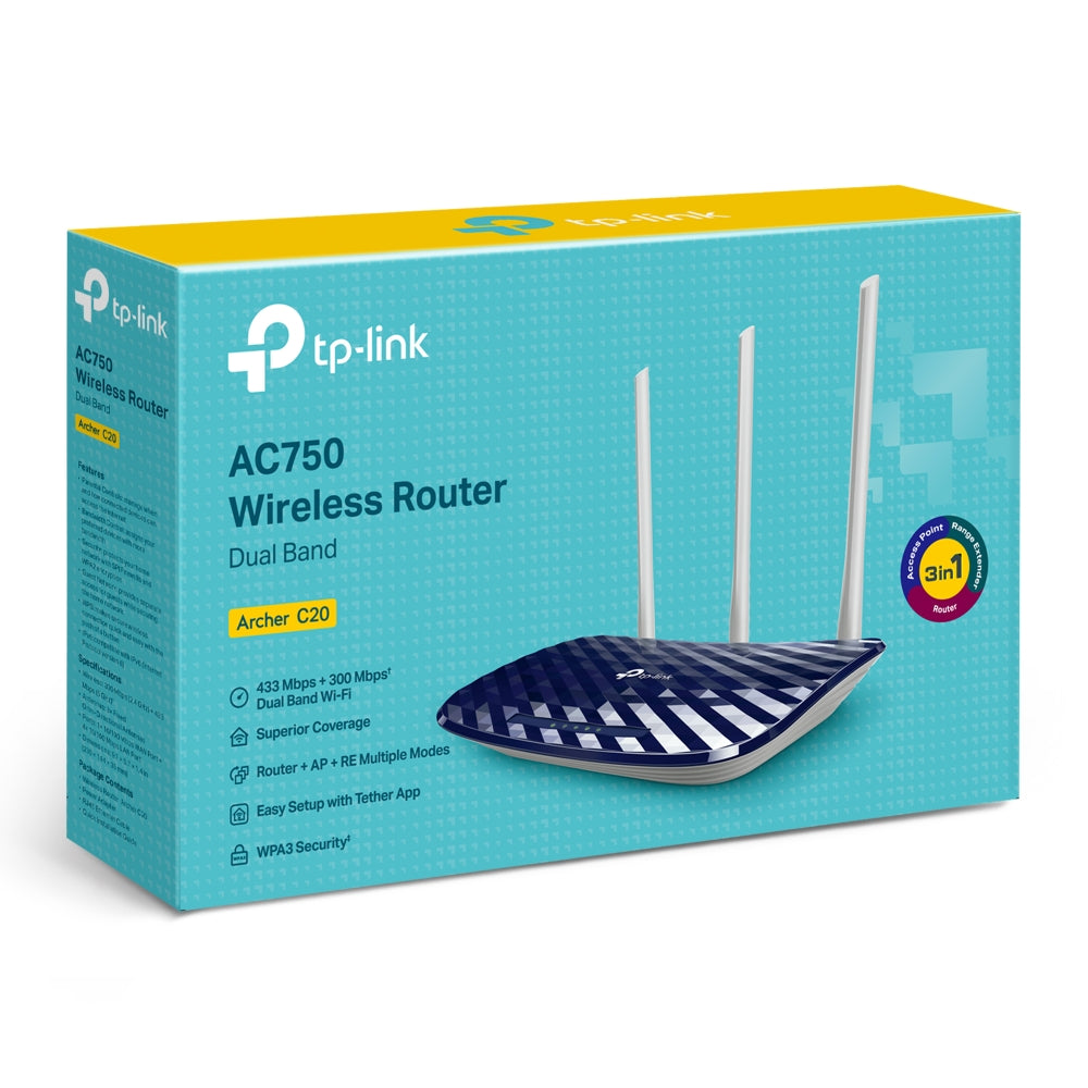 TP-Link Archer C20 AC750 Dual Band Router - 733 Mbps / WAN / LAN