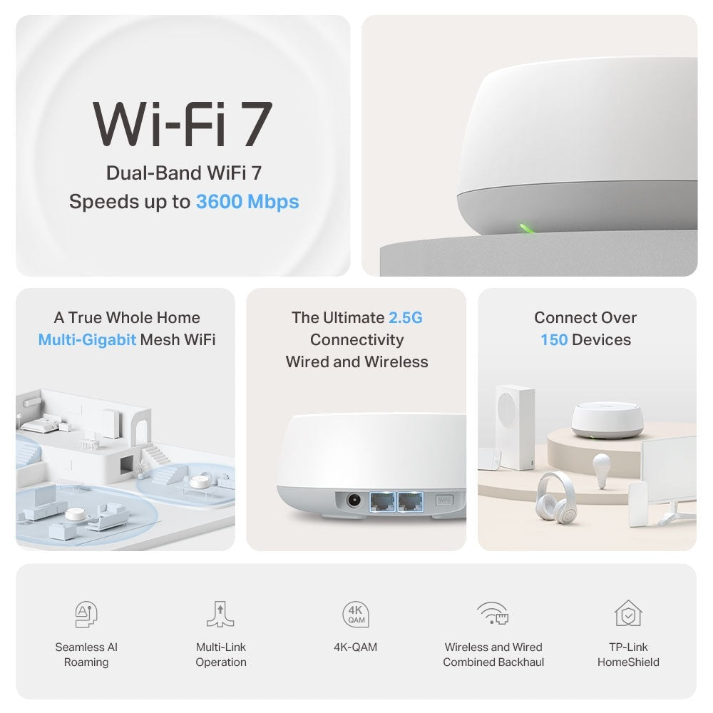 TP-Link Deco BE25 BE3600 Whole Home Mesh WiFi 7 System 2.5G, 1-Pack