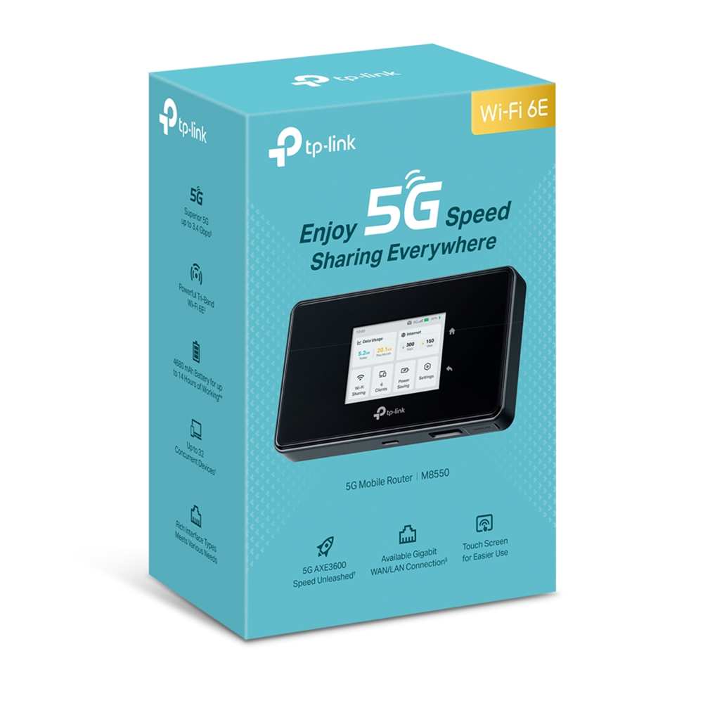 TP-Link M8550 5G WiFi 6E Tri-Band AXE3600 Gigabit WAN/LAN Port Touch Screen Mobile Router, 64 Devices