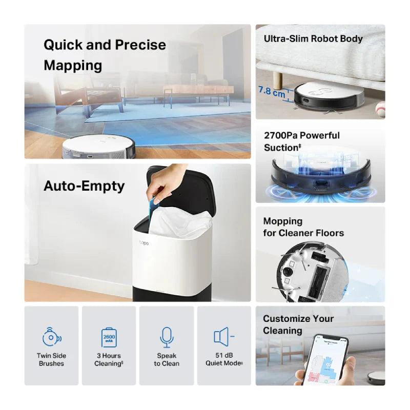 TP-Link MagSlim LiDAR Navigation Robot Vacuum & Mop+ Smart Auto-Empty Dock - 2600 mAh / 4L