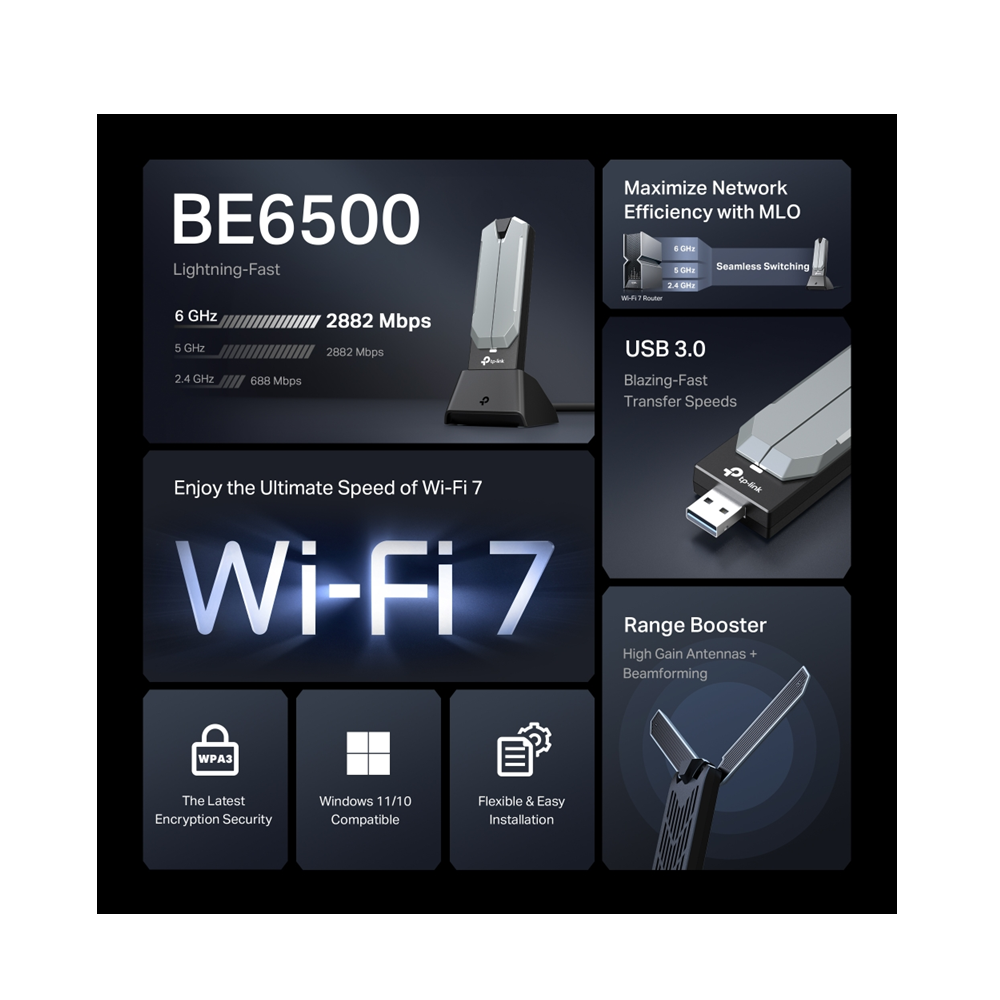 TP-Link TBE400UH BE6500 WiFi 7 High Gain Wireless USB Adapter