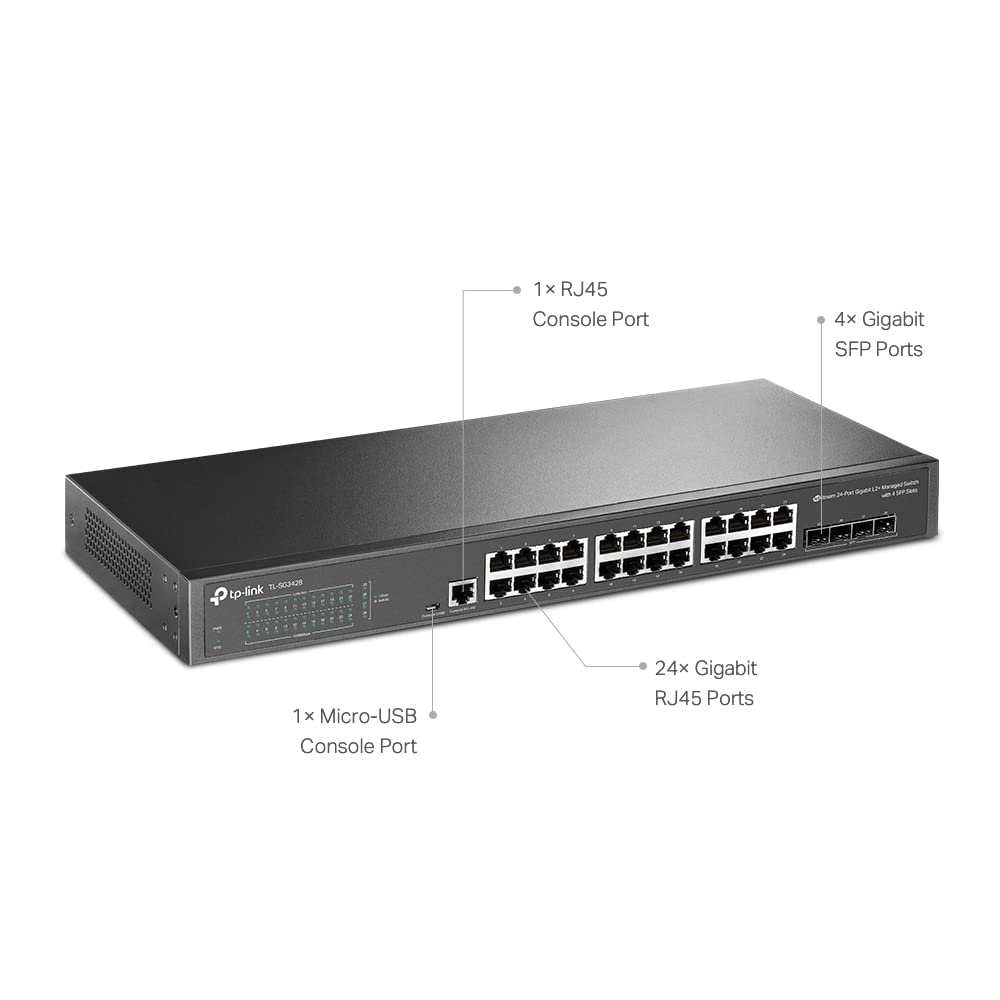 TP-Link (TL-SG3428) JetStream 24-Port Gigabit L2 Managed Switch with 4 SFP Slots - 56Gbps / Micro-USB / LAN