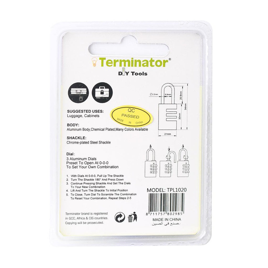 Terminator Combination Pad Lock 20MM Blue