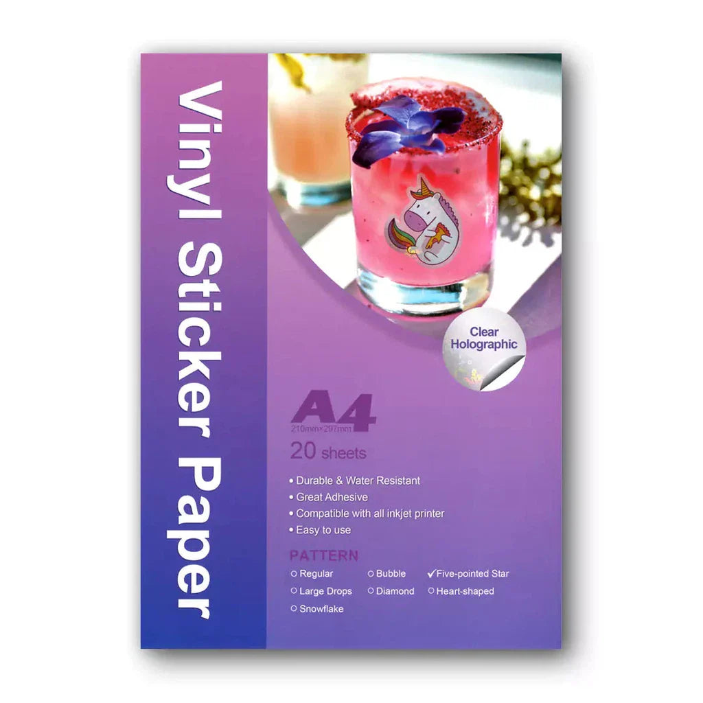 Transparent Holographic PET Vinyl Sticker Paper – Five-pointed Star/ A4/ 20 Sheets