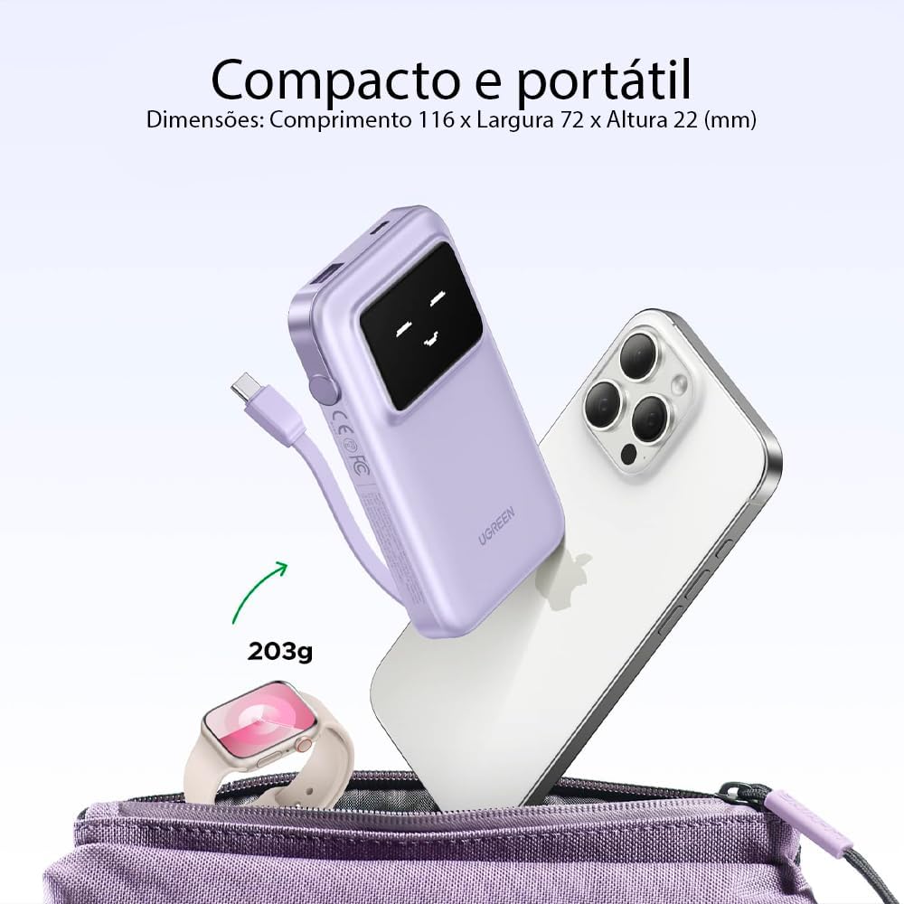 UGREEN 10000mAh Power Bank with Built-in Cable 15W PB511 - Purple