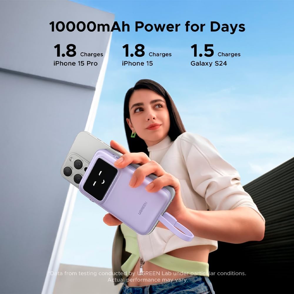 UGREEN 10000mAh Power Bank with Built-in Cable 15W PB511 - Purple