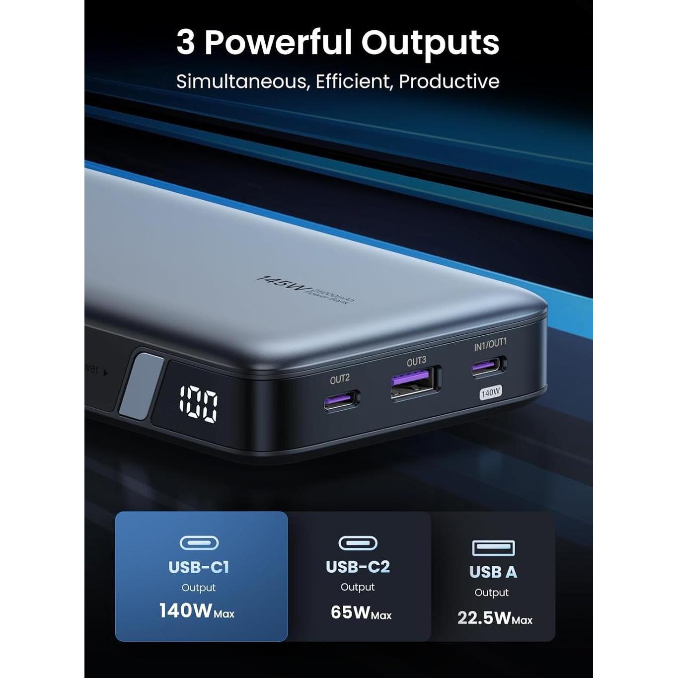 UGREEN 25000mAh 140W Power Bank with Built-in Cable PB205
