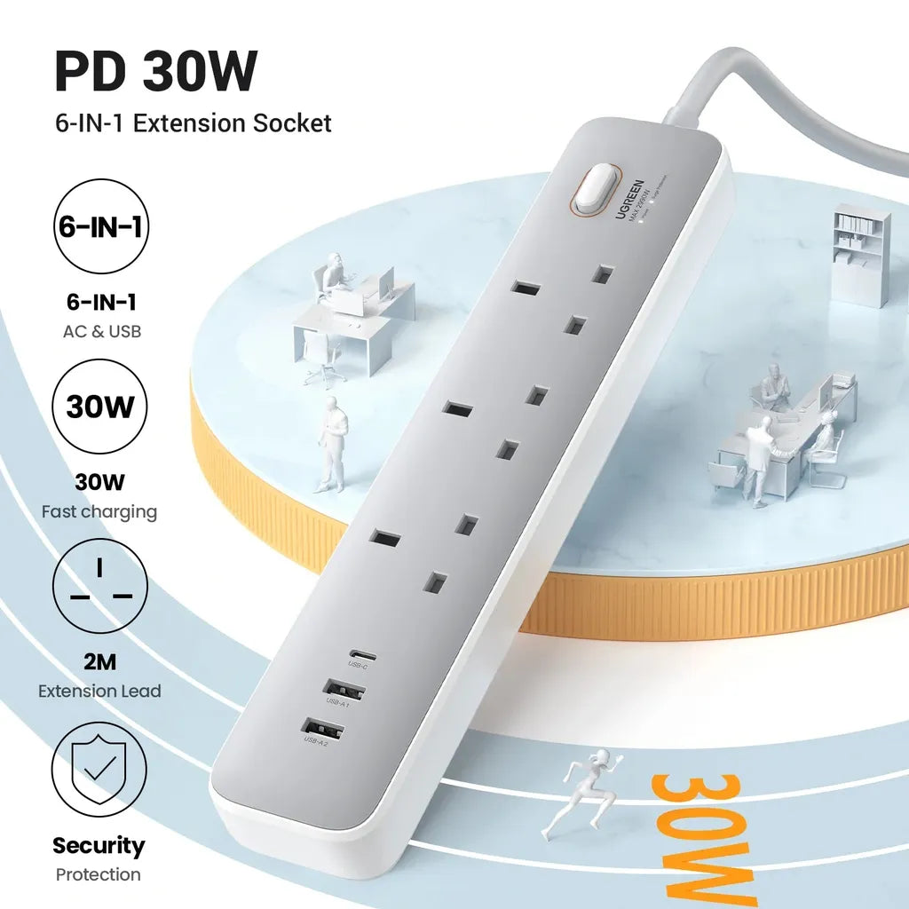 UGREEN 3-Outlet Surge Protector Master Switch Extension - 30W / USB-C / USB / White