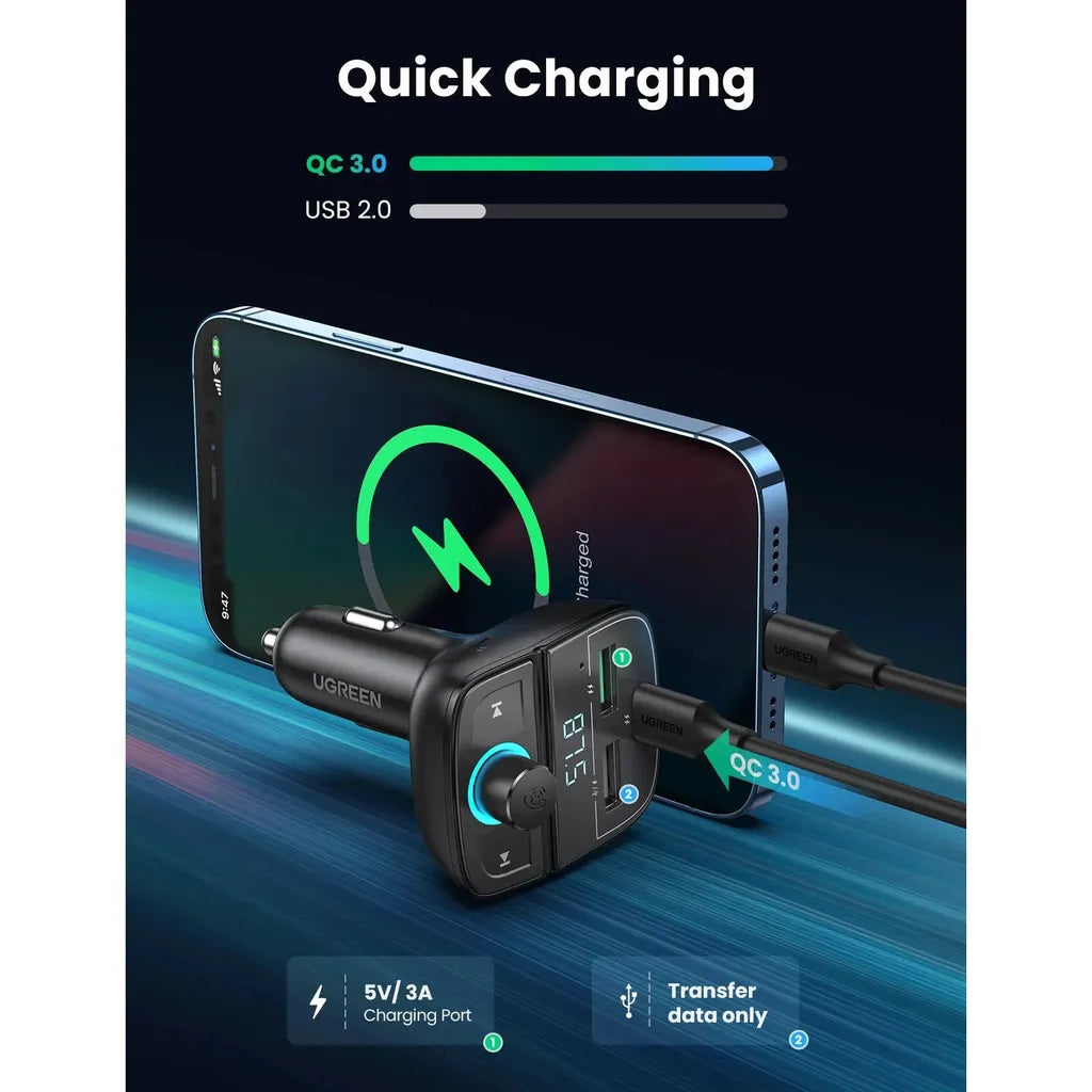UGREEN Bluetooth Car Charger 3-Port (5.0+PD+QC3.0+USB Flash Drive+TF) (Black) CD229