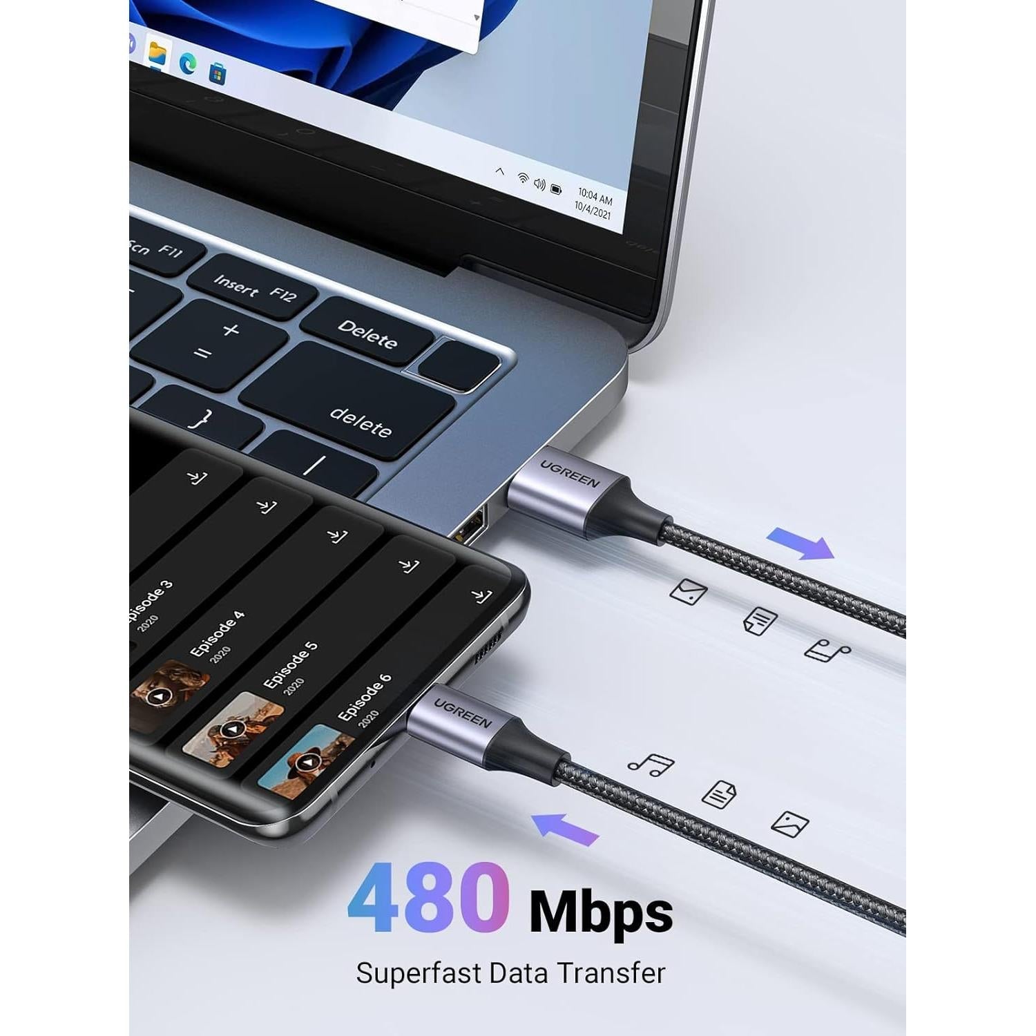 UGREEN USB-A 2.0 to USB-C Cable Nickel Plating Aluminum Braid 1.5m - Black US288