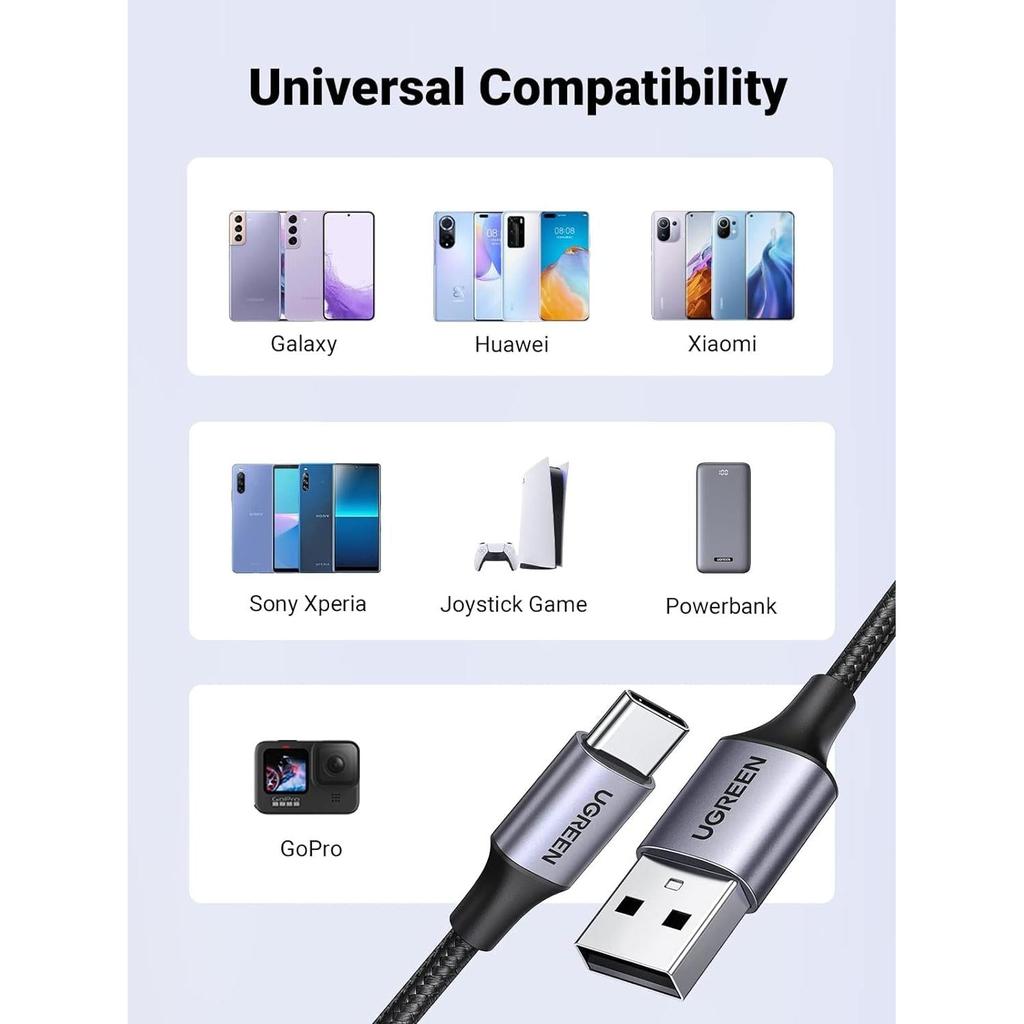 UGREEN USB-A 2.0 to USB-C Cable Nickel Plating Aluminum Braid 1.5m - Black US288