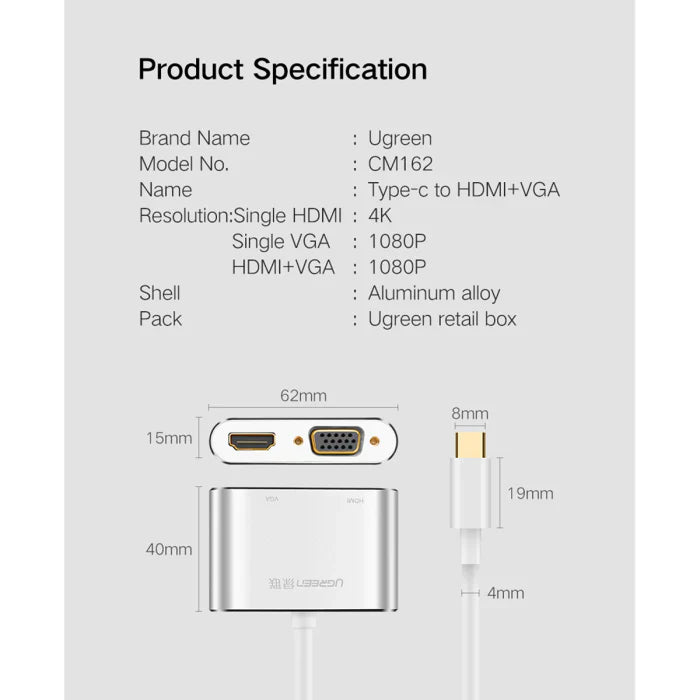 UGREEN USB Type C to HDMI + VGA Converter - White