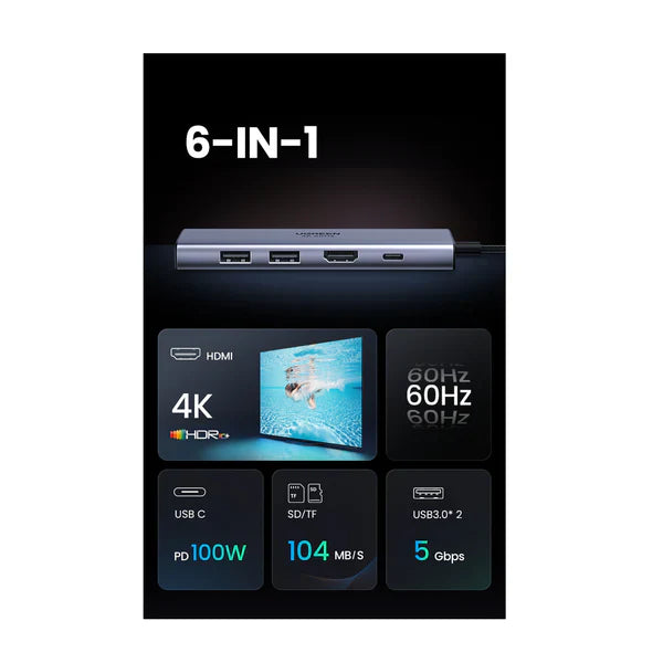 UGREEN 6-in-1 USB-C Hub - Grey CM511