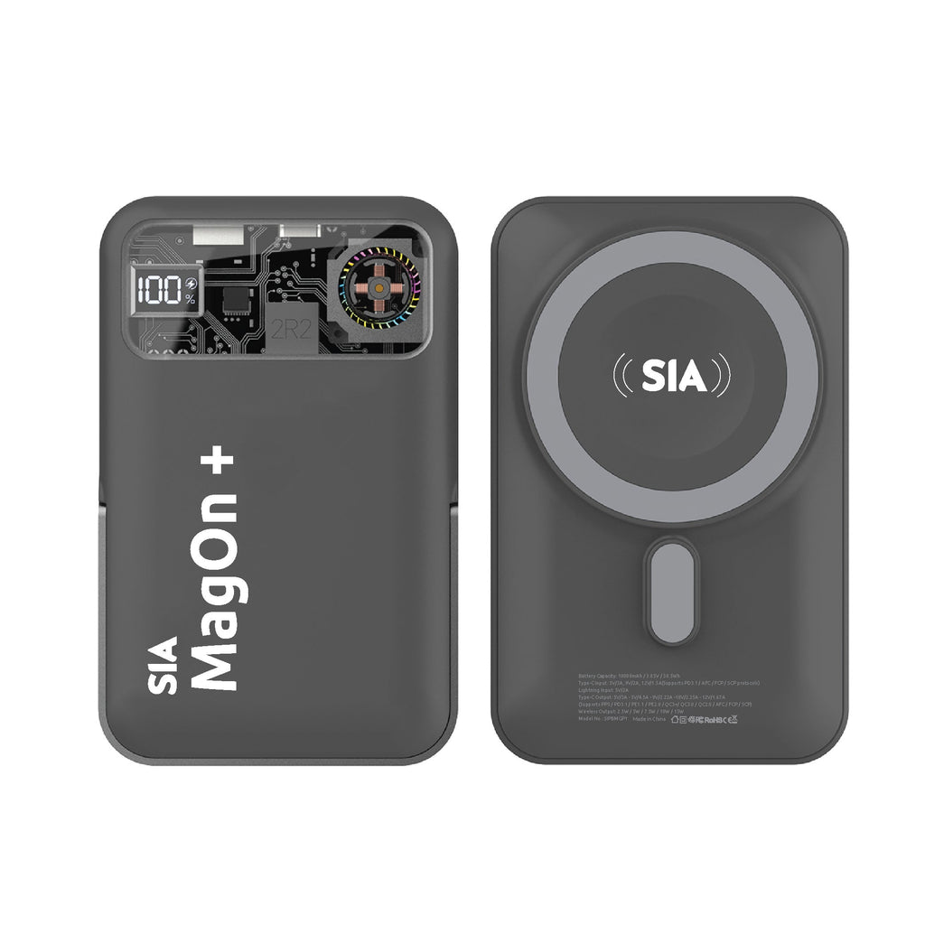 SIA 10000mAh Magnetic Power Bank with RGB Cooling Fan & Aluminum Stand – Gray