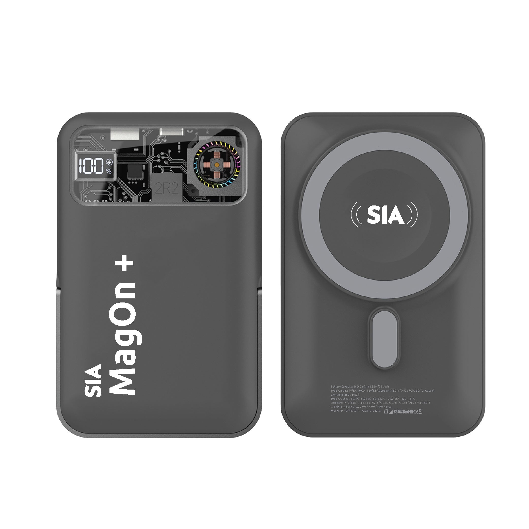 SIA 10000mAh Magnetic Power Bank with RGB Cooling Fan & Aluminum Stand – Gray
