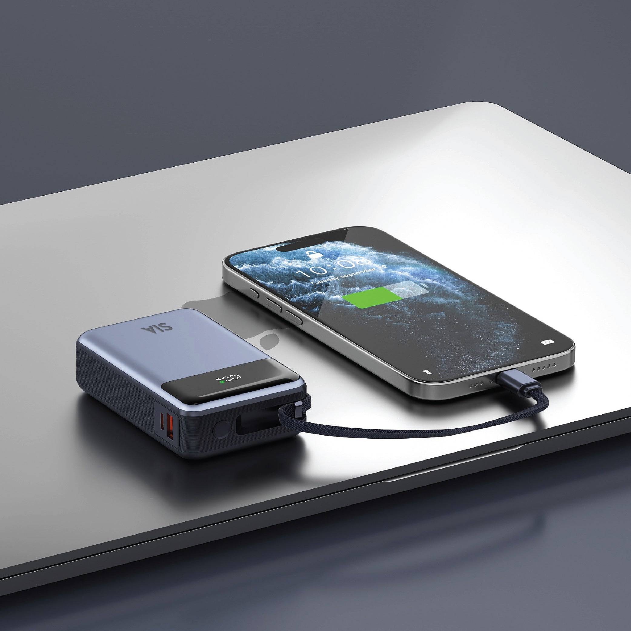 SIA Volt Link SIPB65WTC-GR POWER BANK 20K Mah 65W PD/PPS/QC  WITH BUILT IN TYPE-C CABLE GRAY
