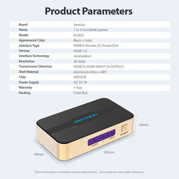 Vention HDMI Splitter 1 Input 4 Output 4K30Hz Gold Aluminum Alloy Type UK Standard