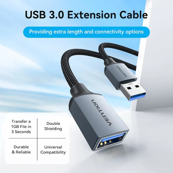 Vention USB 3.0 A Male to Female Extension Cable 2M Gray Braided