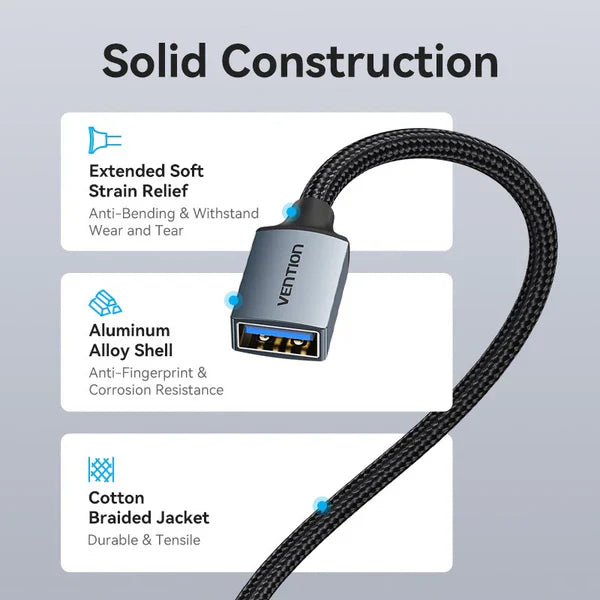 Vention USB 3.0 A Male to Female Extension Cable 3M Gray Braided