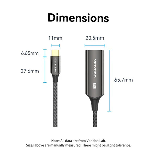 Vention USB-C to DisplayPort 8K Converter 0.25M Black Zinc Alloy