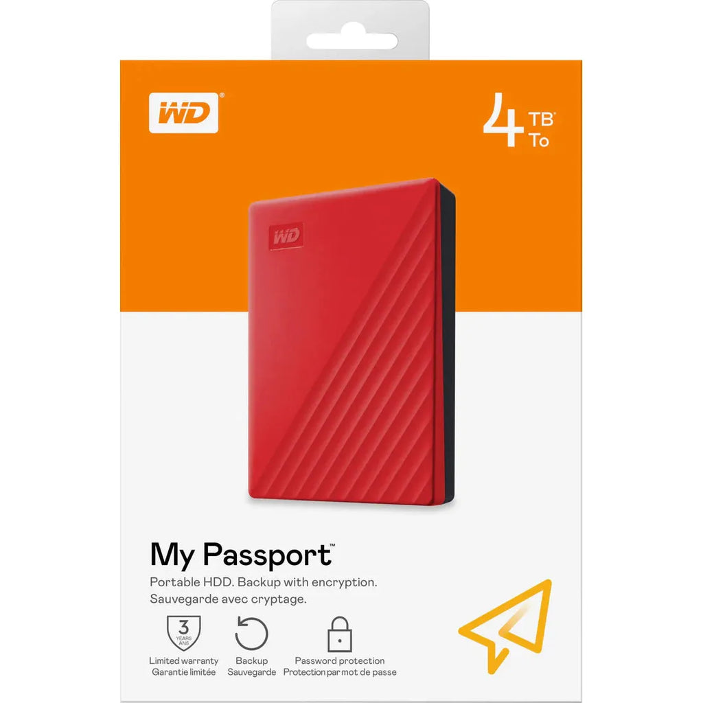 WD My Passport 4TB Portable Hard Drive USB 3.2 RED WDBPKJ0040BRD