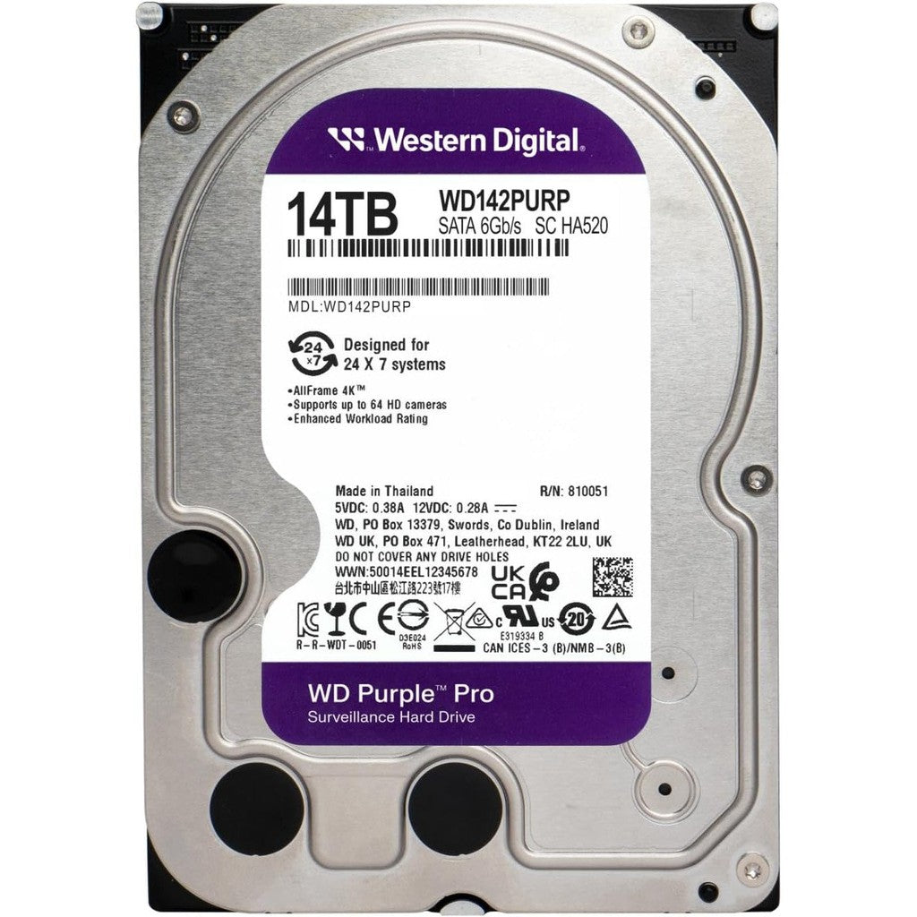 Western Digital 14TB WD Purple Pro Surveillance Internal Hard Drive HDD - SATA 6 Gb/s, 512 MB Cache, 3.5" - WD142PURP
