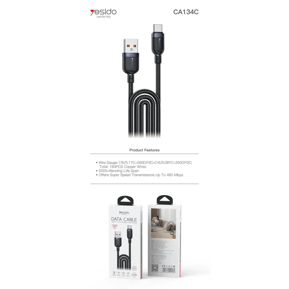 YESIDO 18W USB-A to Type-C Fast Charging Cable – 3 Meters