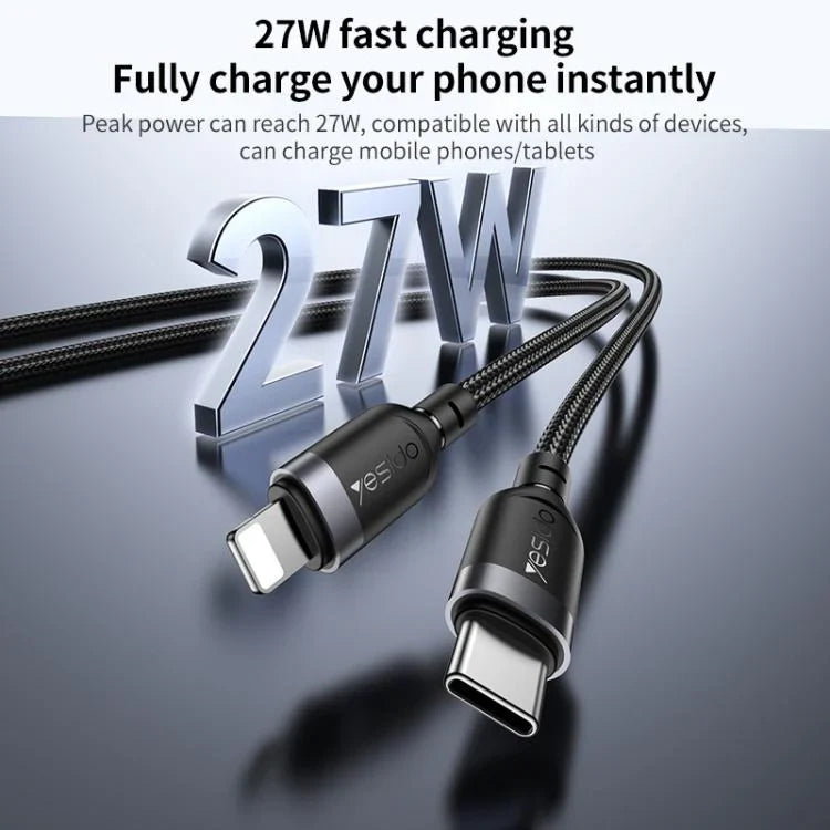 Yesido 27W Type-C to Lightning Data Cable – 3m Black)