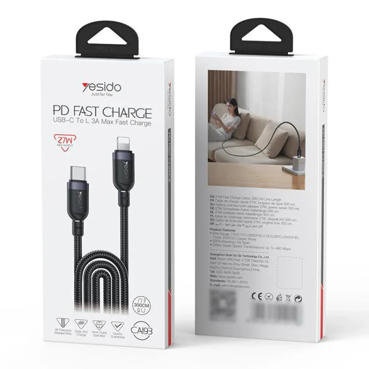 Yesido 27W Type-C to Lightning Data Cable – 3m Black)