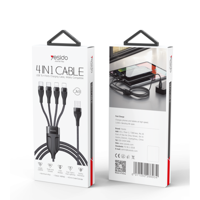 Yesido CA111 4 in 1 Wire Mobile Phone Charger Data Cable - Black