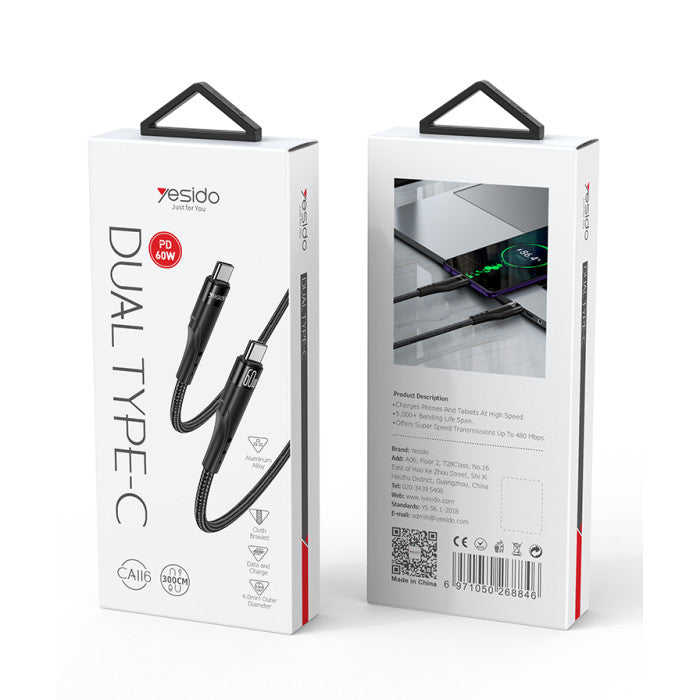 Yesido CA116 Braided Data Cable PD Fast Charging Cable - Black