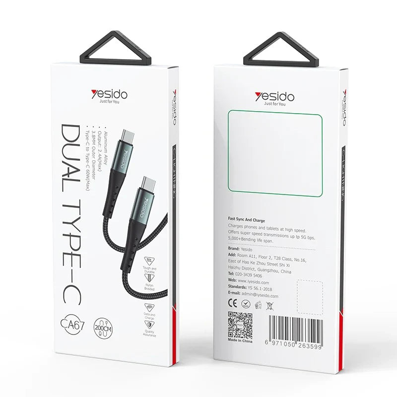 Yesido CA67 3A PD60W Type-C to Type-C Charging Cable – 2m