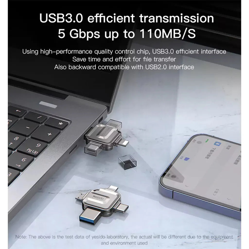 Yesido FL15 4-in-1 OTG Flash Drive - 512GB/ Up to 110 MB/s/ USB 3.0/ Micro/ Type-C/ Lightning Memory Stick