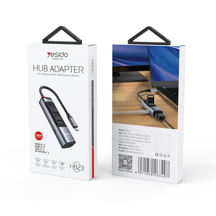 Yesido HB23 5 IN 1 HUB OTG Function Adapter - 0.15M / USB / HDMI / Type-C - Gray