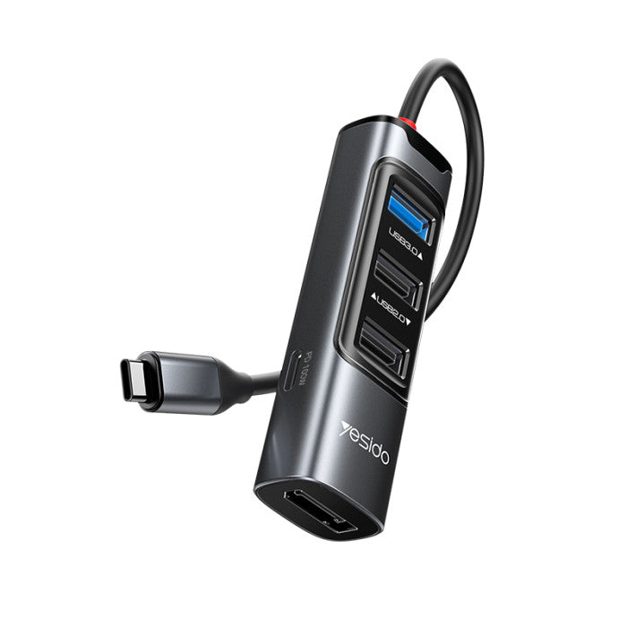 Yesido HB23 5 IN 1 HUB OTG Function Adapter - 0.15M / USB / HDMI / Type-C - Gray